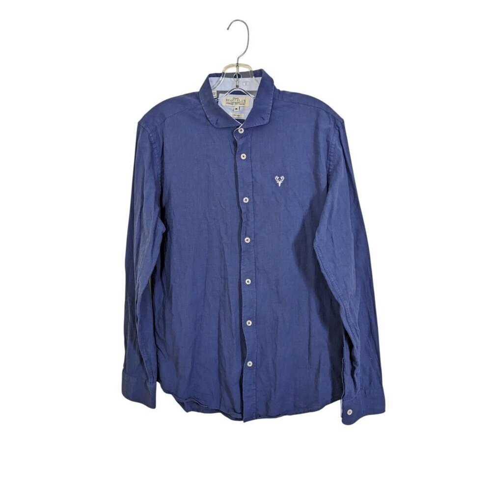 Mens Cotton Linen Shirt Long Sleeve Beach Lightweight Navy Blue Size Med